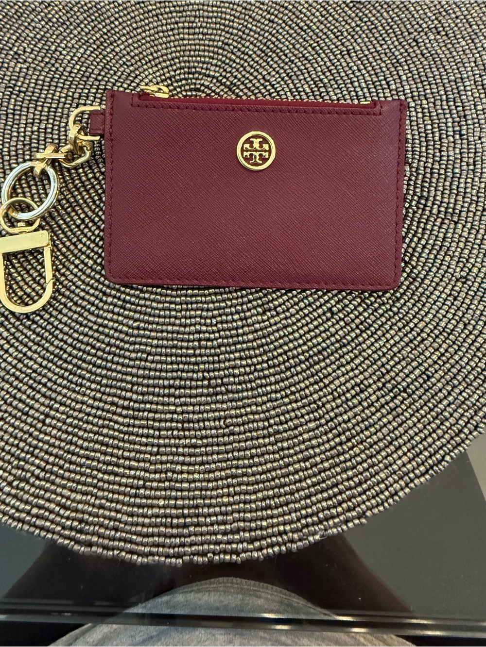 Tory Burch Burgundy Saffiano Leather Zip Card Case Keychain